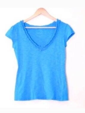 INC Sky Blue Ruffle Short Sleeve V-Neck Tee Shirt INC International Concepts